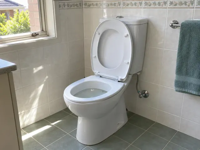 Clean white toilet in a tiled bathroom beside a window and towel rail in Normanhurst