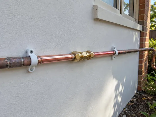 Copper water pipe repair on an exterior house wall beside a window in Mount Colah